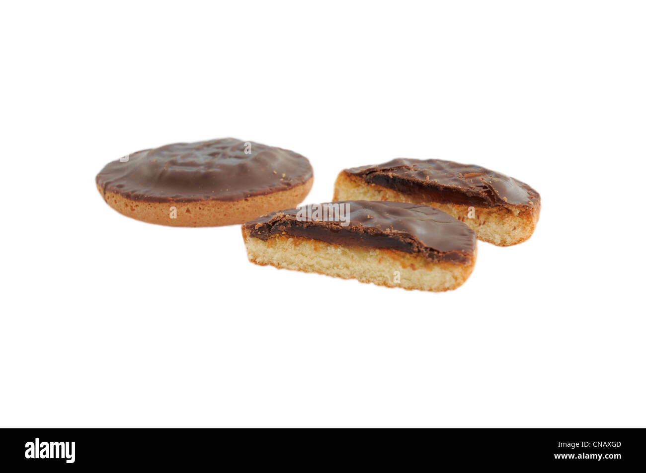 Two Jaffa Cakes on a White Background Stock Photo