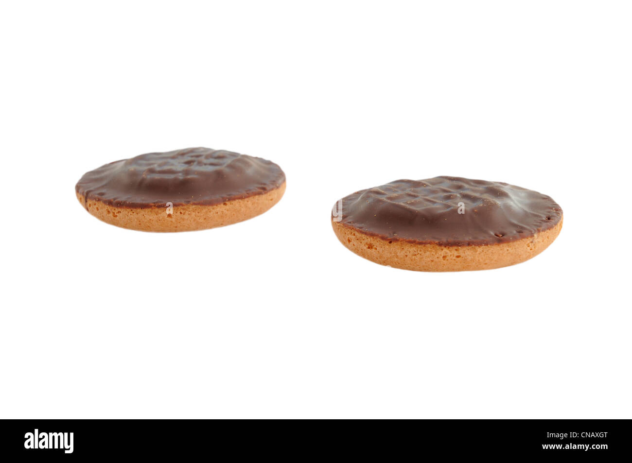 Two Jaffa Cakes on a White Background Stock Photo