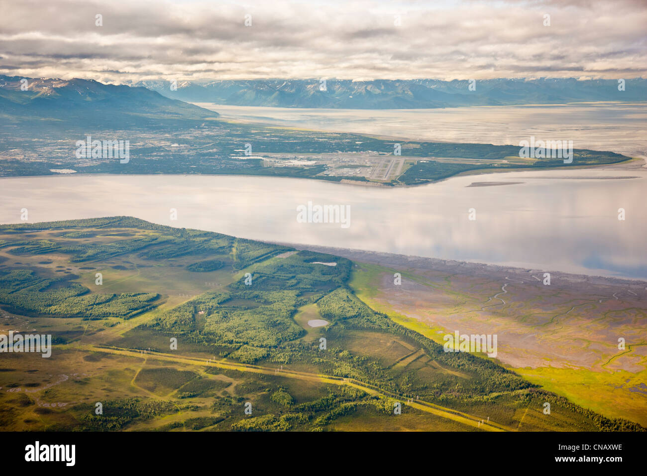 Aerial view of Knik Arm and the Anchorage bowl from the above the