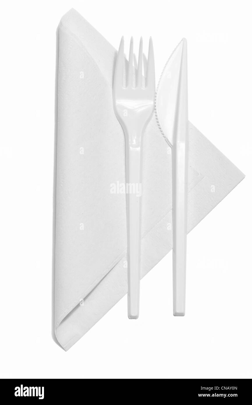 A plastic knife, fork and serviette Stock Photo