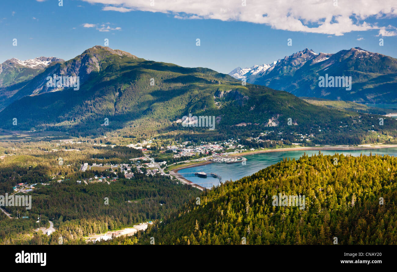 Aerial view of the city of Haines from above Chilkoot Inlet, Takshanuk ...