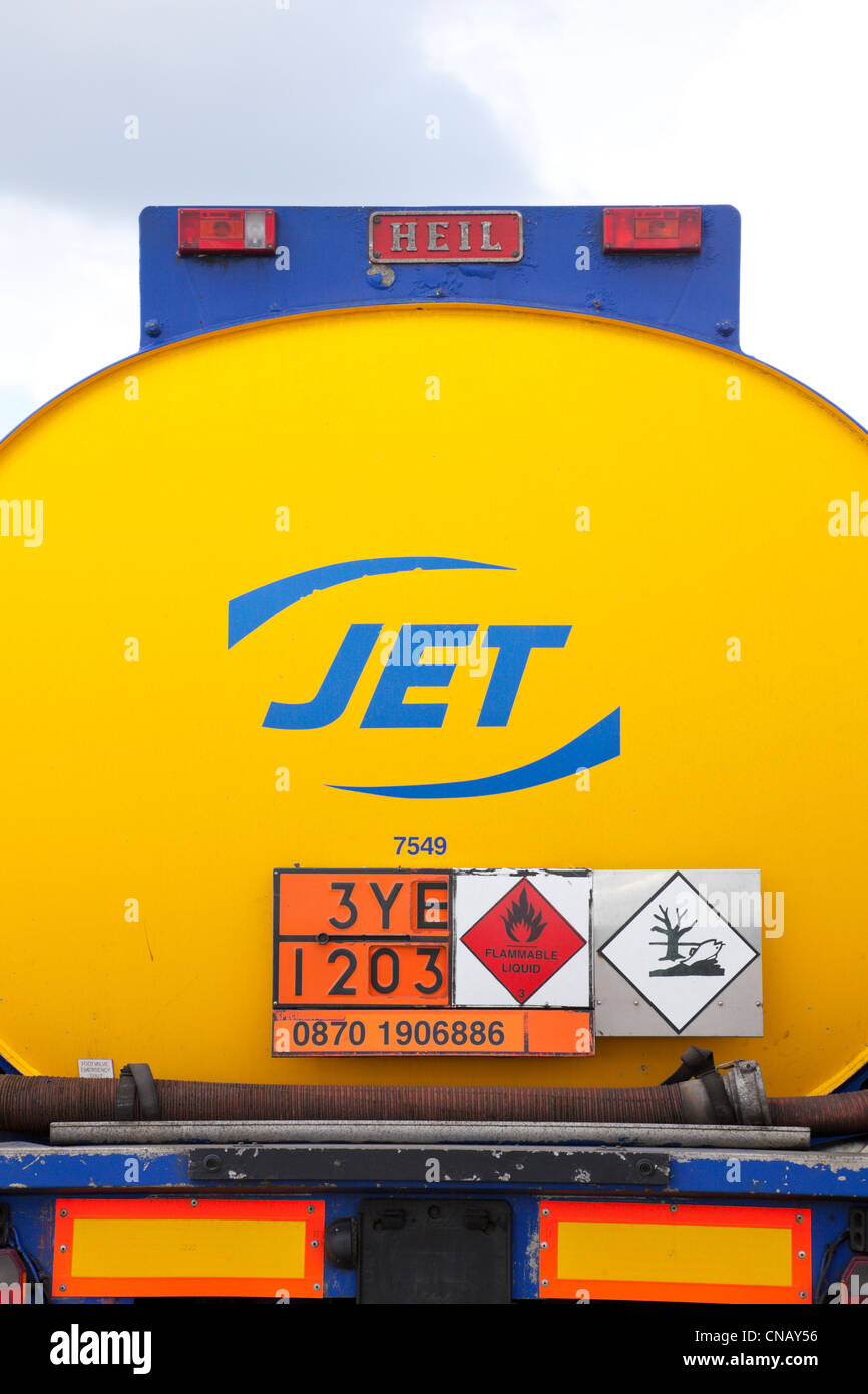 View of the back of a Jet fuel tanker showing hazard signs. Stock Photo
