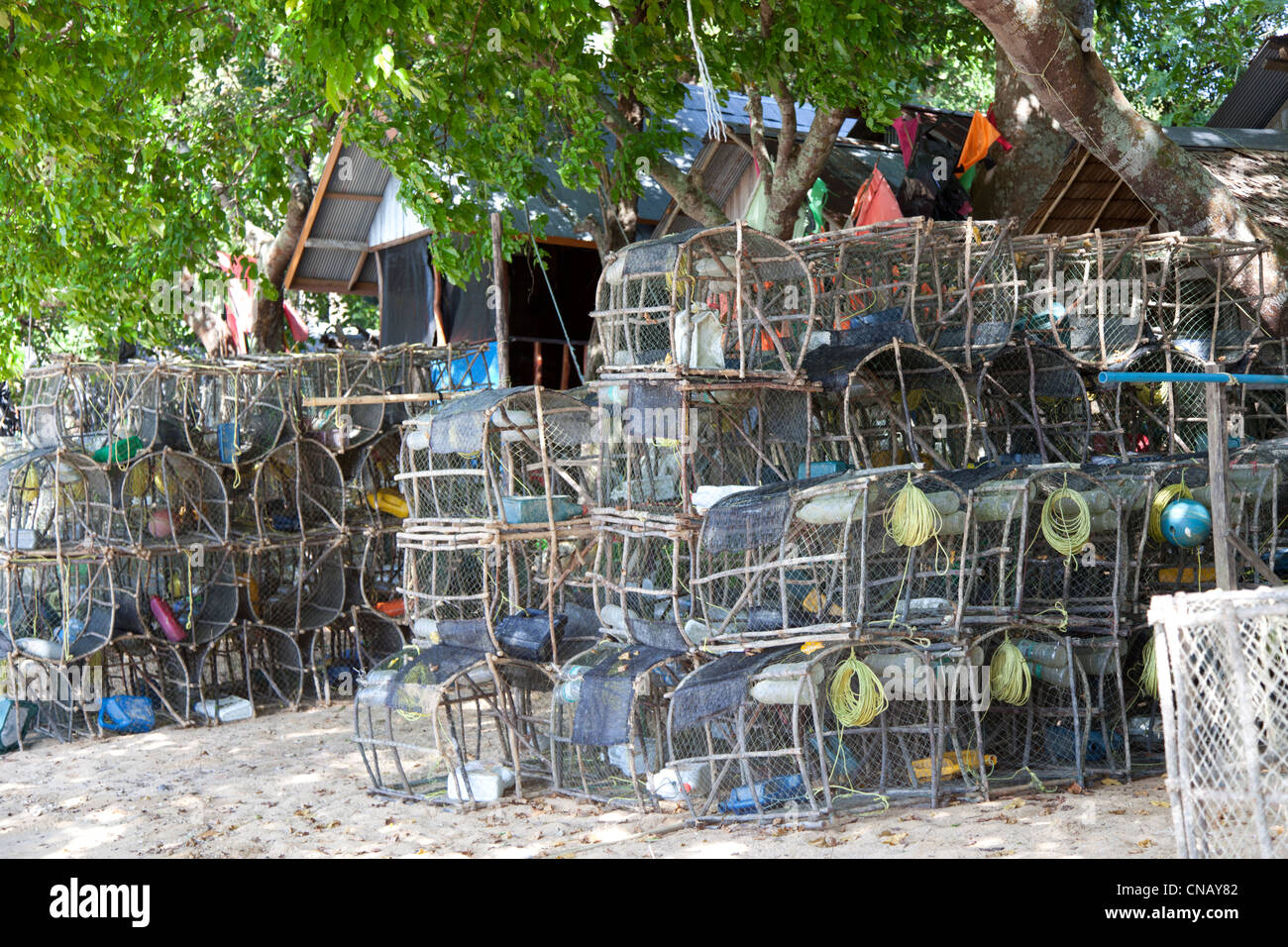 In Bulon island, fishing equipment storage in a village of sea gypsies (Thailand). Entreposage de matériel de pêche (Thaïlande) Stock Photo