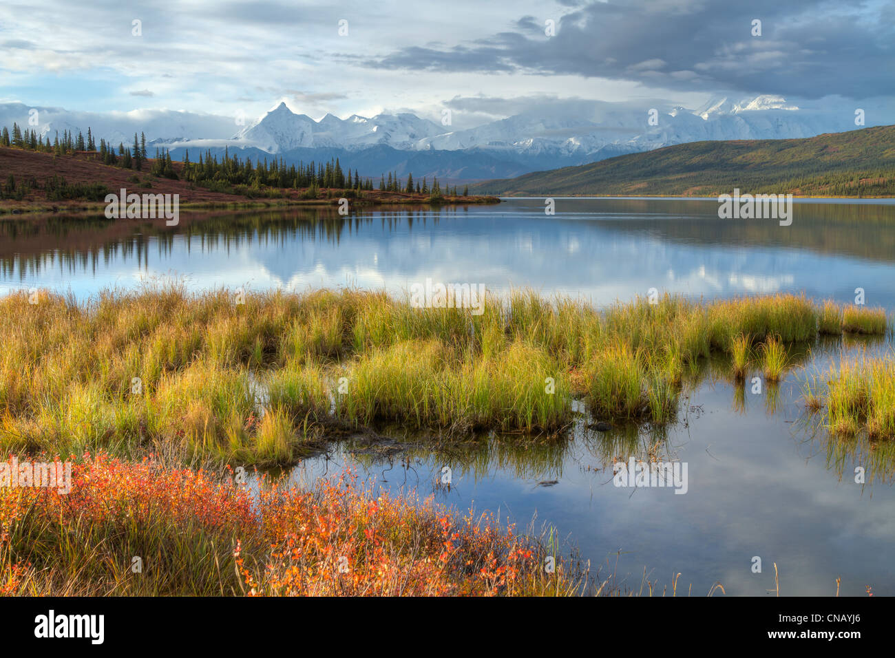 Wonder Lake with snow covered Mt. Brooks, Mt. McKinley and the Alaska Range in the background, Denali National Park , Alaska Stock Photo