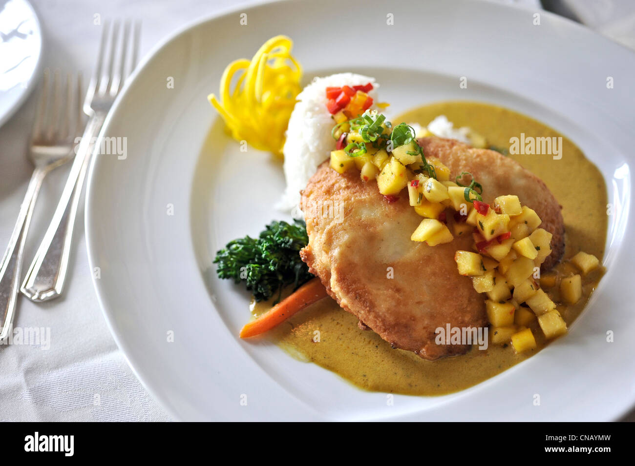 Close up of a gourmet entree at Marx Brother's Cafe in downtown Anchorage, Alaska Stock Photo