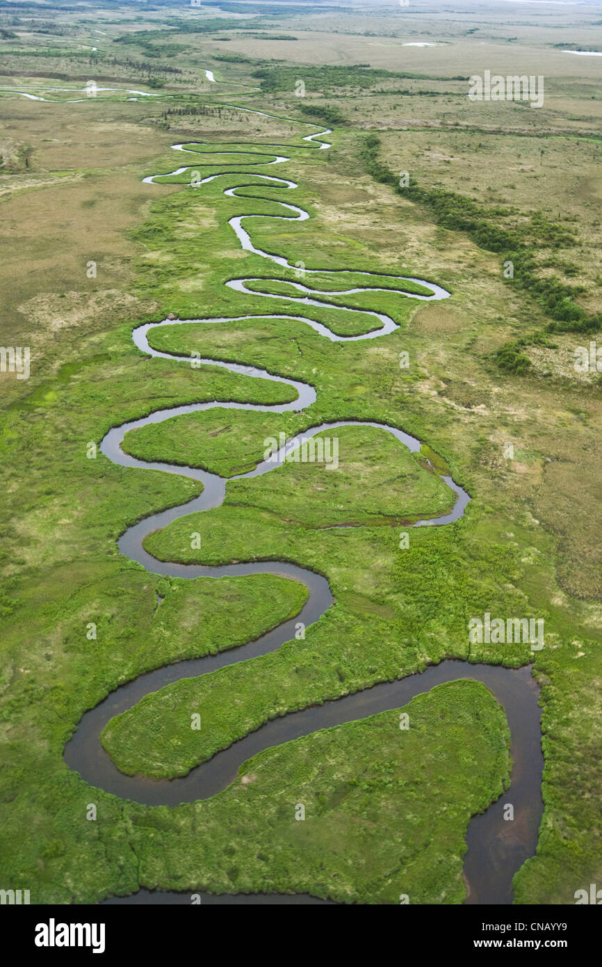 Aerial view of the winding King Salmon Creek and surrounding tundra in Bristol Bay, Southwest Alaska, Summer Stock Photo