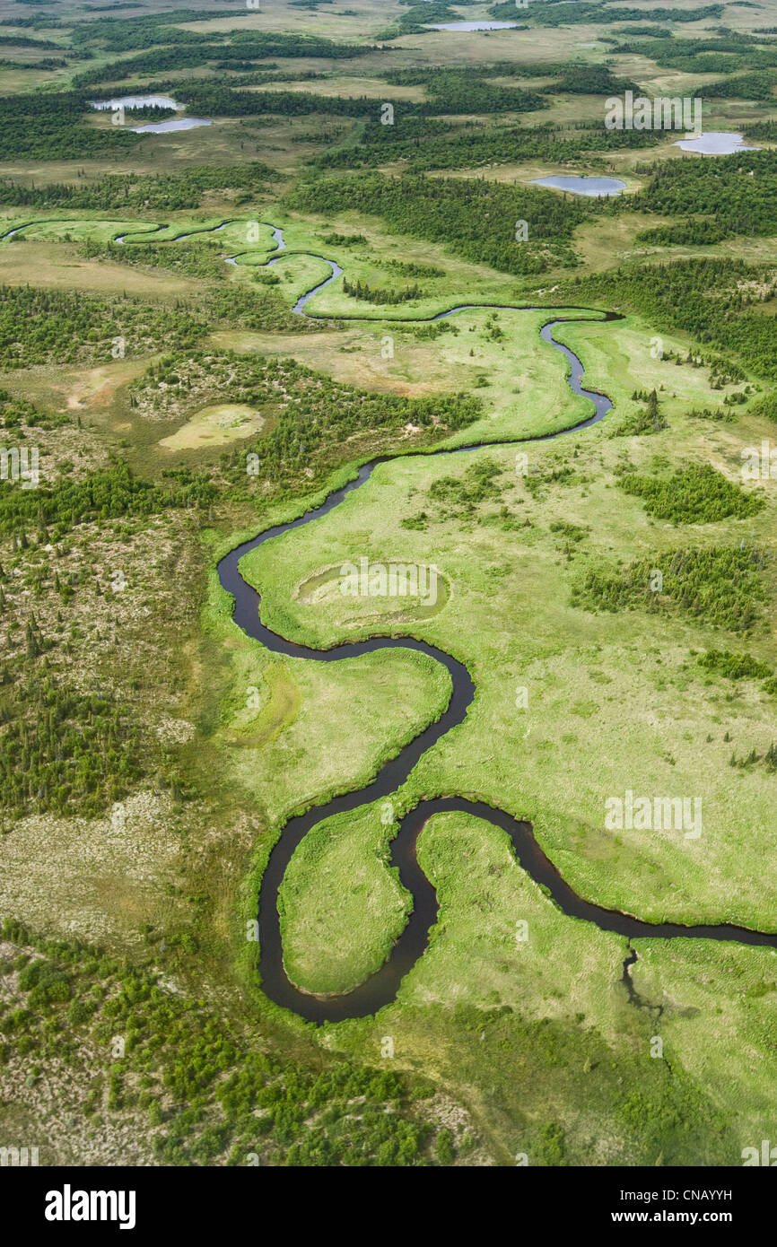 Aerial view of the winding Yellow Creek and surrounding tundra in Bristol Bay, Southwest Alaska, Summer Stock Photo