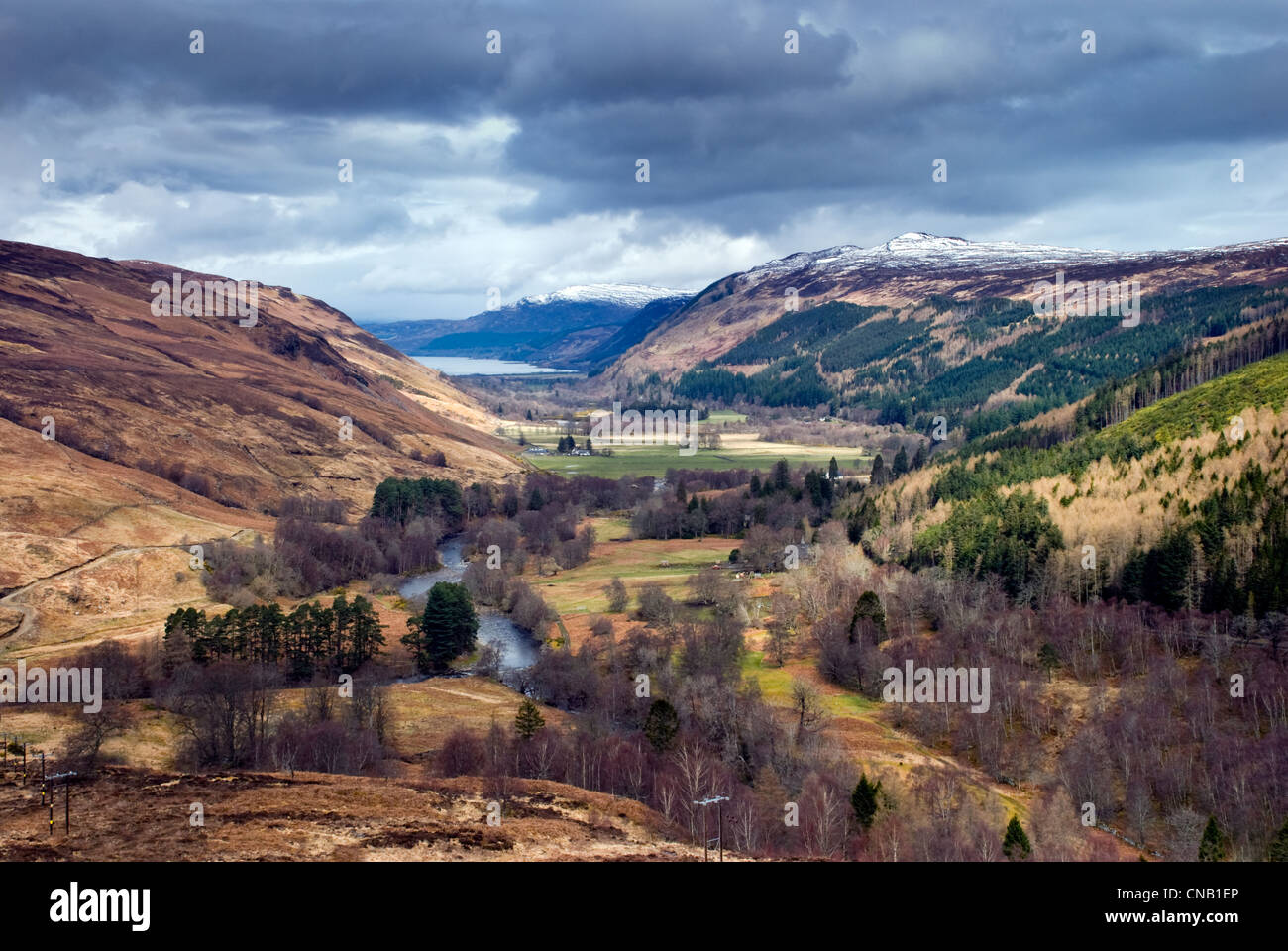Viewpoint from the A832 looking down at the River Broom and the tip of Loch Broom which leads to Ullapool, Wester Ross, Scotland Stock Photo
