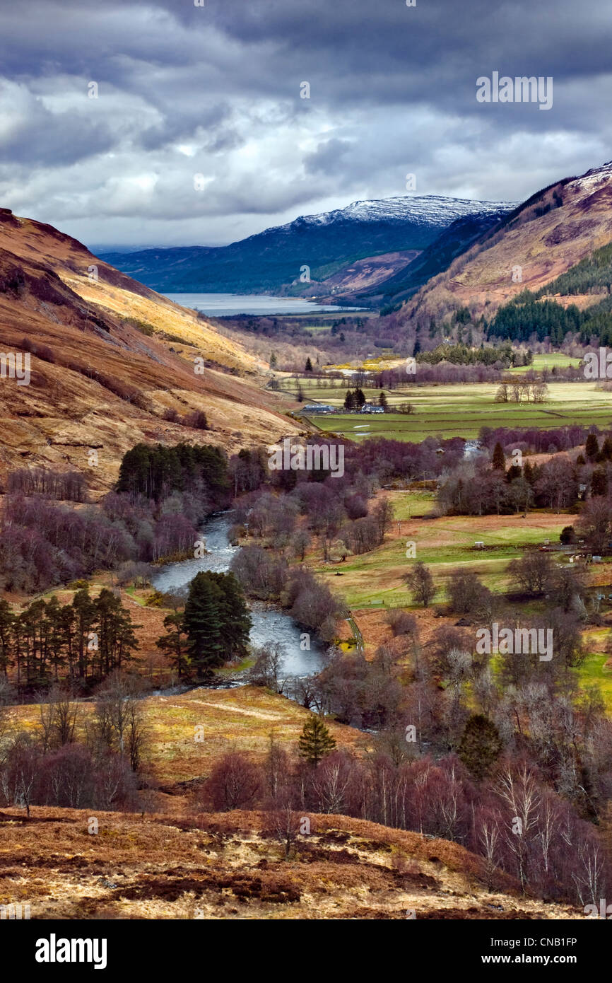 Viewpoint from the A832 looking down at the River Broom and the tip of Loch Broom which leads to Ullapool, Scotland Stock Photo