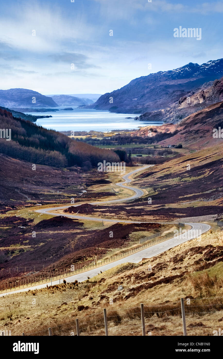 Stunning viewpoint of the winding Bealach na Bà rd from the A832 in Glen Docherty, Applecross Peninsula, Scotland. to Kinlochewe and Loch Maree Stock Photo