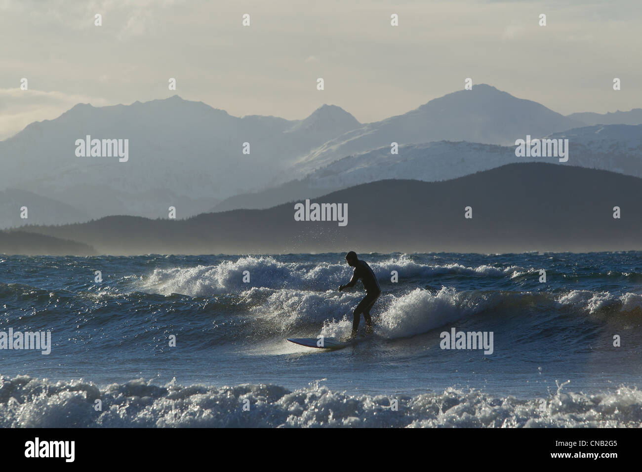 Man surfing along the coastline in Winter with Chilkat Range in the background, Eagle Beach, Southeast Alaska Stock Photo