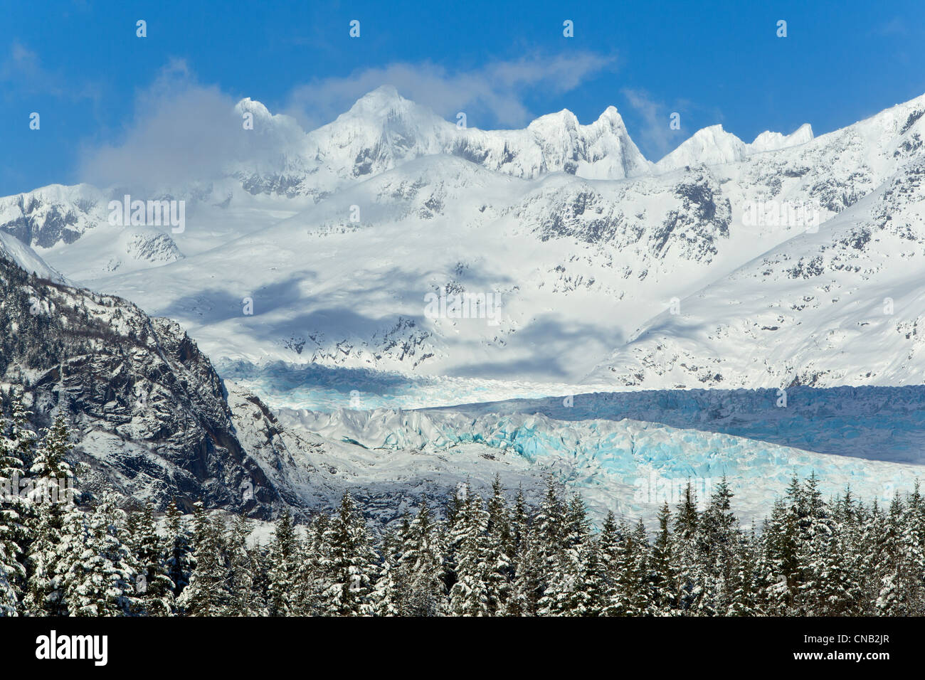 Scenic winter landscape of Mendenhall River, Mendenhall Glacier and Towers, Tongass National Forest, Southeast Alaska Stock Photo