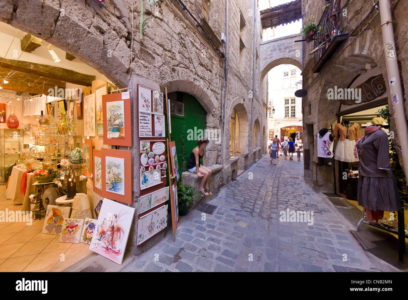 France, Herault, Pezenas, pedestrian alley and his shops Stock Photo