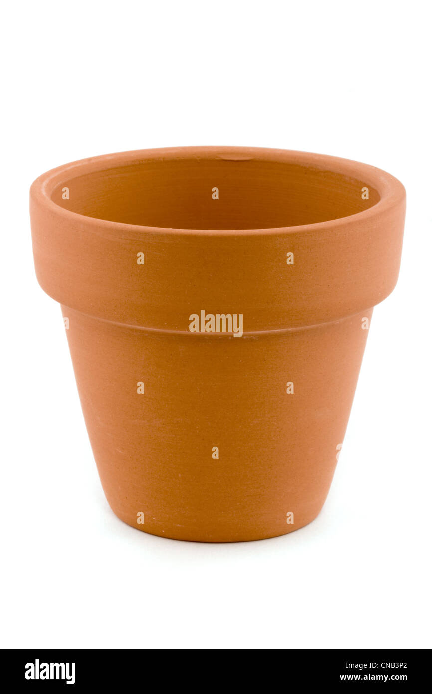 Single terracotta plant pot on white Stock Photo