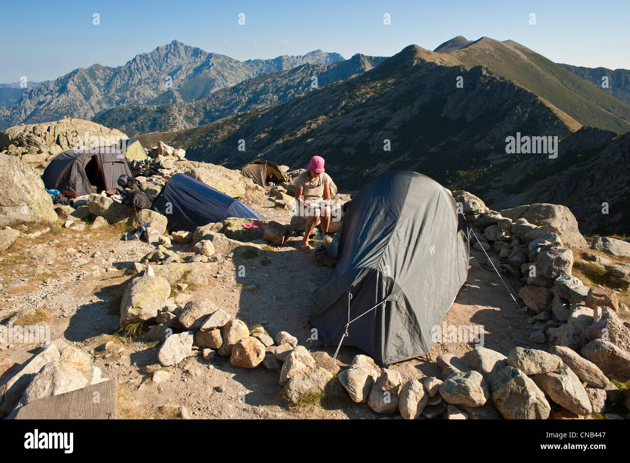 France Haute Corse Hiking On The Gr 20 Bivouac Near The Petra Piana Refuge 1842m And The Monte D Oro In Background 2389m Stock Photo Alamy