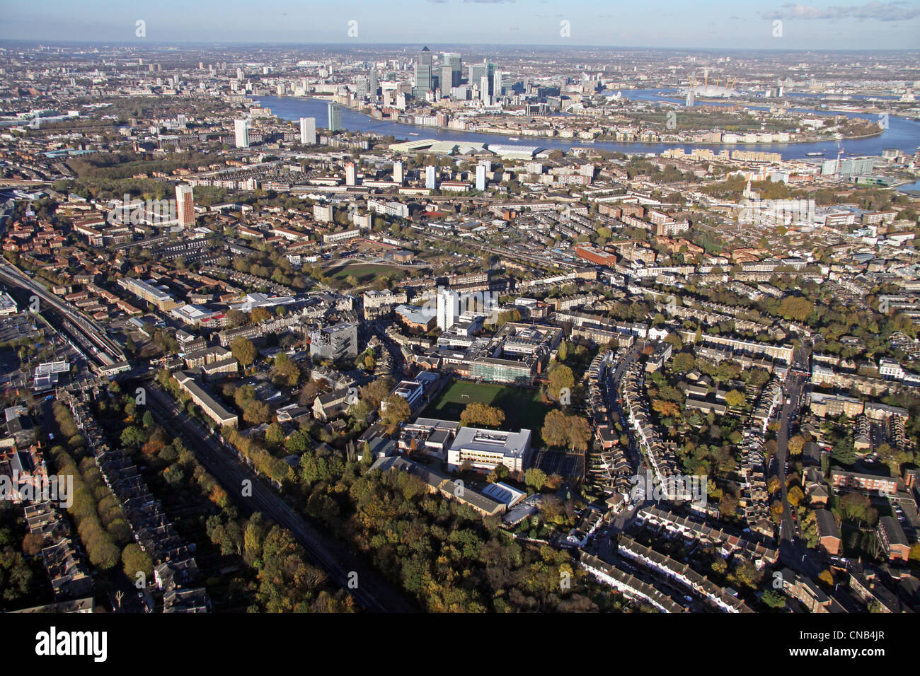 aerial view of Goldsmiths College, London with the Isle of Dogs in the background Stock Photo