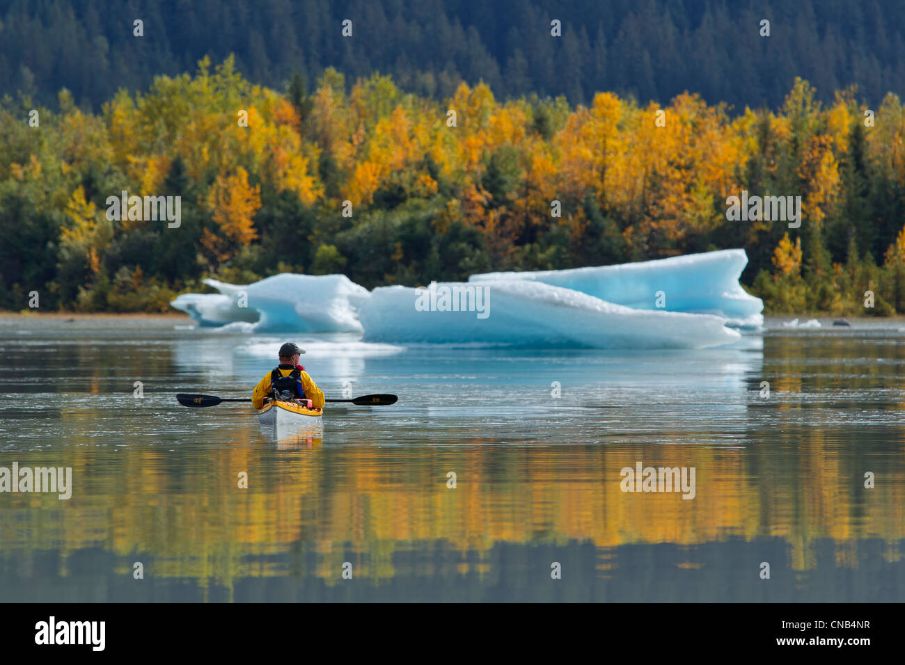 Sea kayaker views an iceberg on the calm water of Mendenhall Lake near Juneau, Southeast Alaska, Autumn Stock Photo