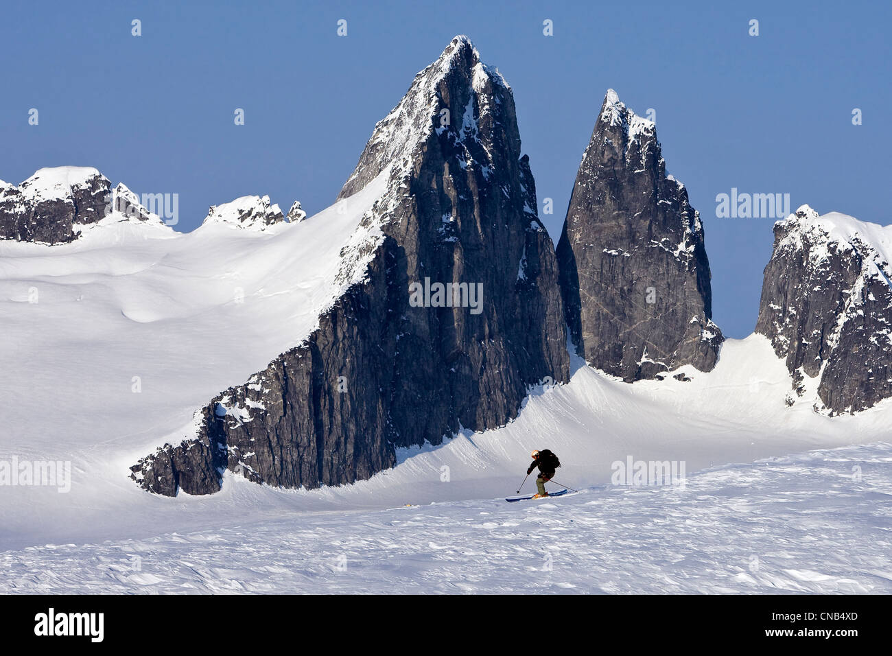 Alpine skiers on the Juneau Ice Field with Rhino Peak in the background, Juneau, Southeast Alaska, Winter Stock Photo