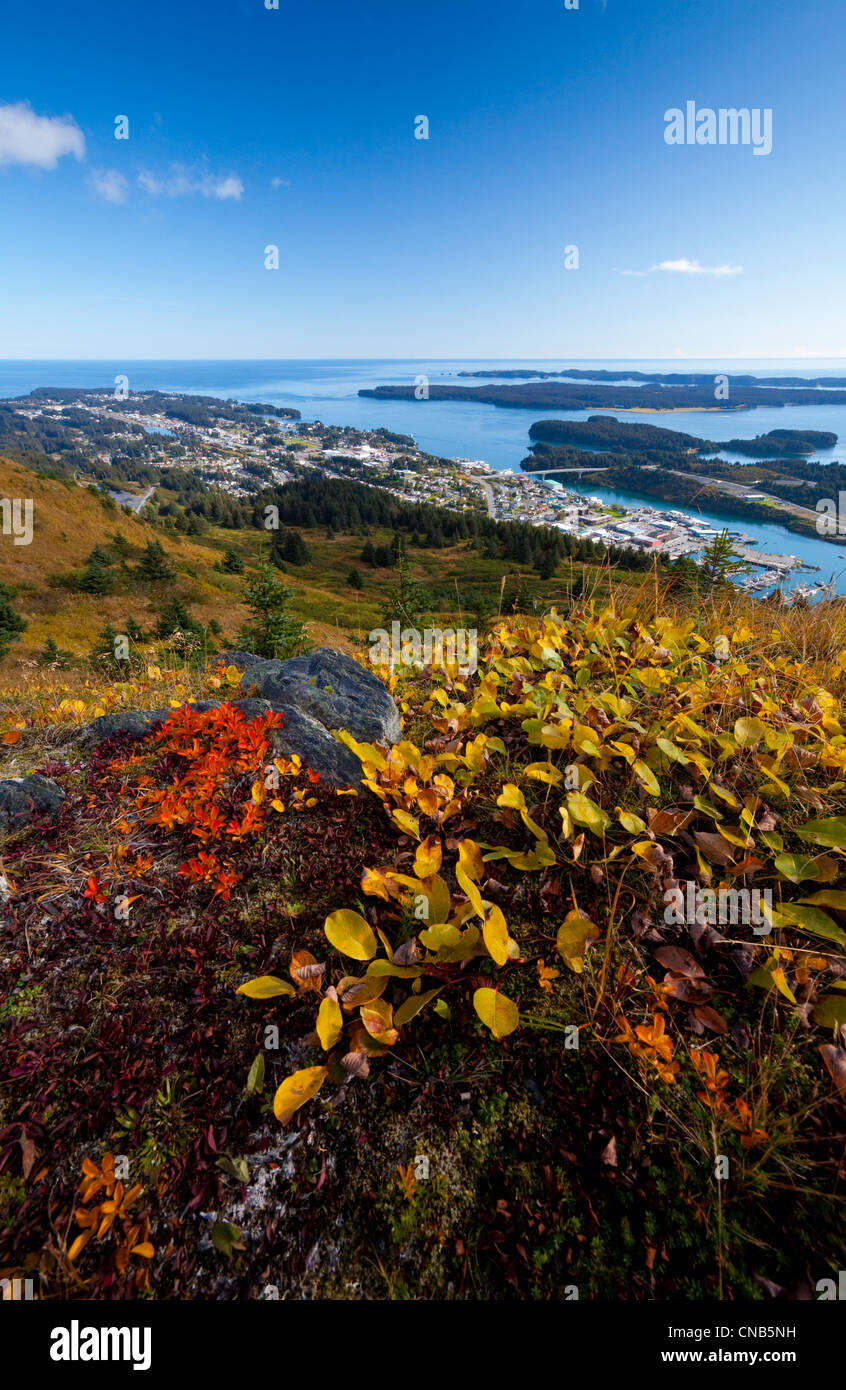 Scenic view overlooking downtown Kodiak, Chiniak Bay and barrier islands from Pillar Mountain