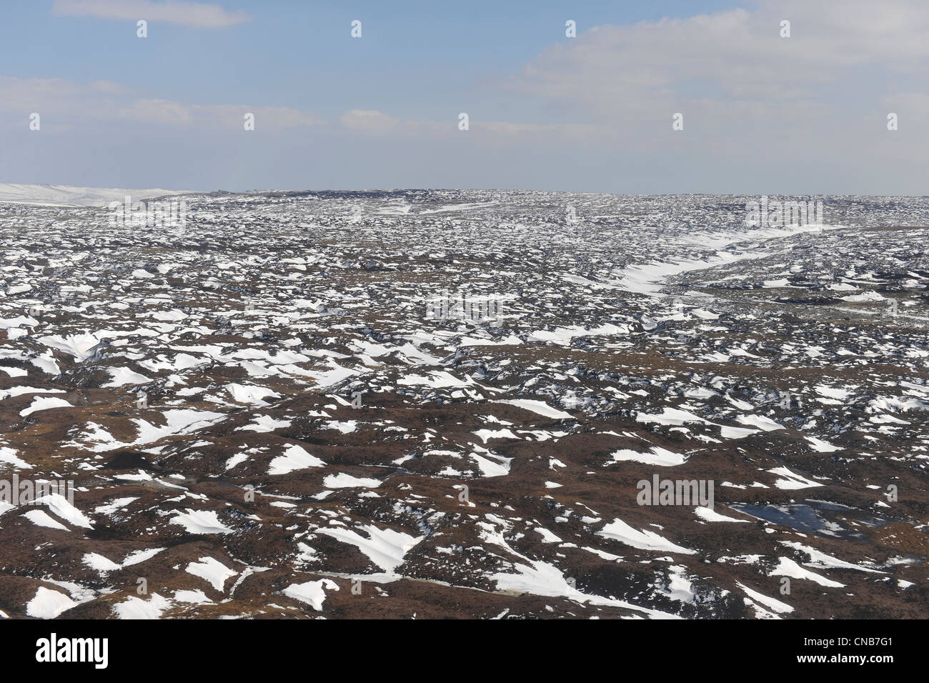 Aerial view showing patchy snow on the hill tops in the Pennines Stock Photo