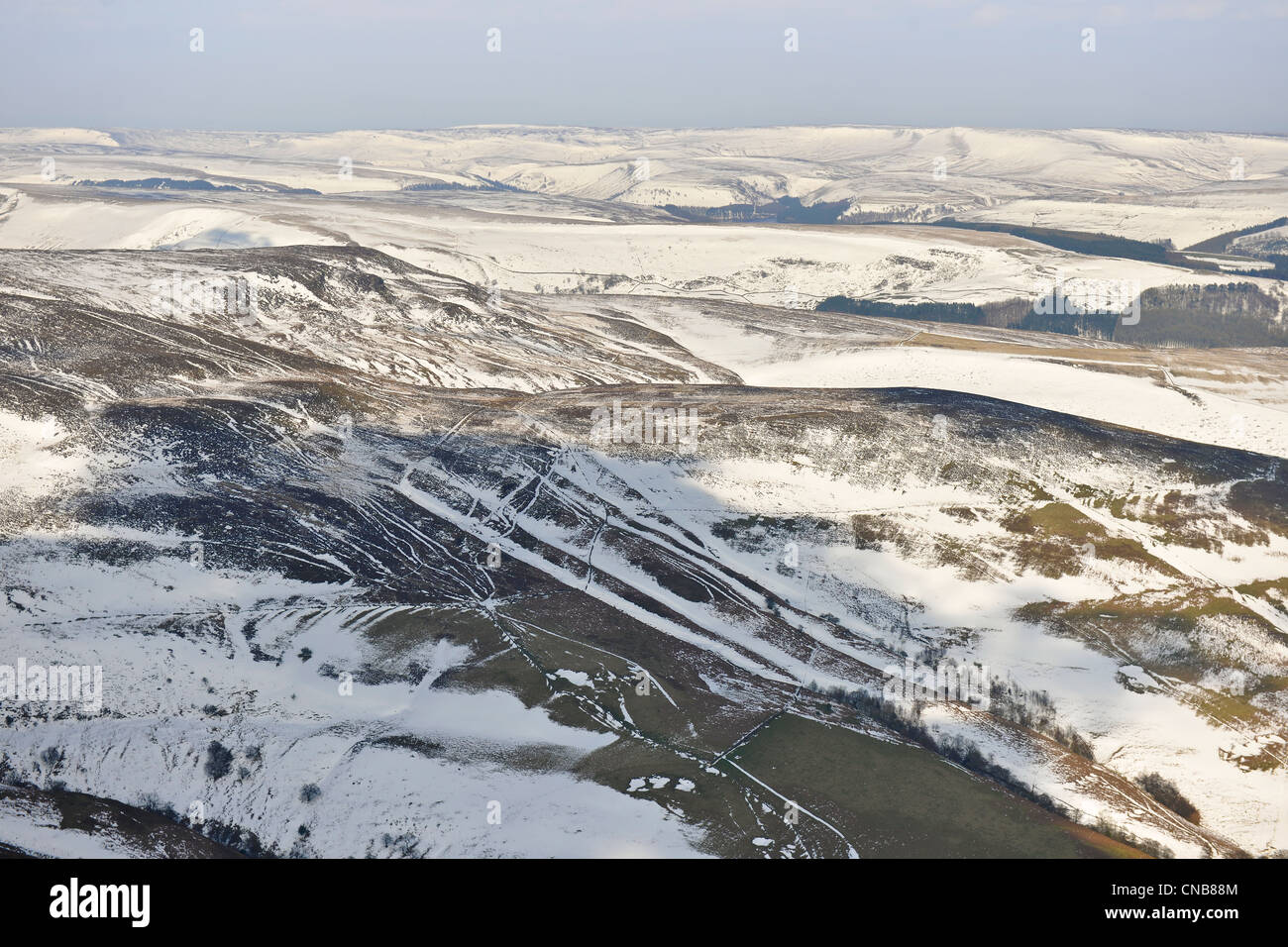 Aerial View of Snow on the hills in the Southern Pennines. Stock Photo