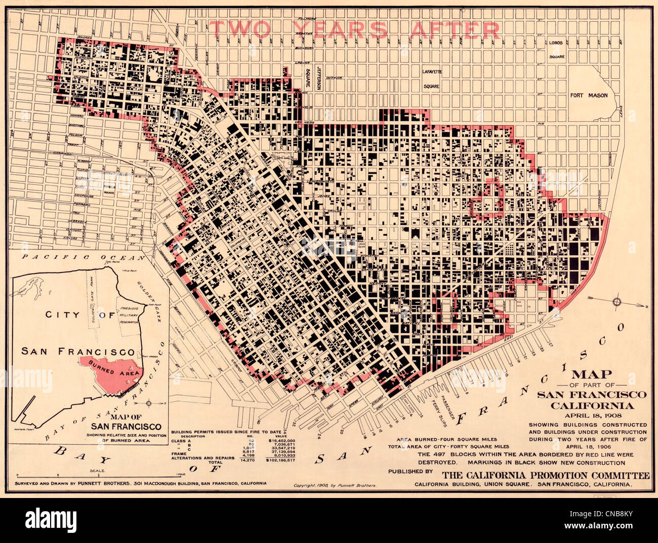 Map of part of San Francisco, California April 18, 1908 showing buildings constructed and buildings under construction during two years after fire of April 18, 1906 Stock Photo