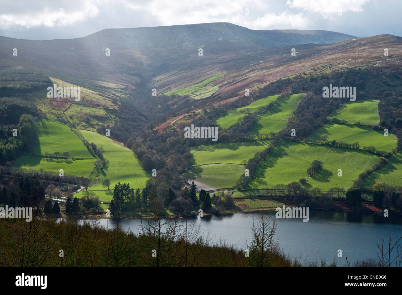 Talybont Reservoir landscape on a sunny spring day in the Brecon Beacons National Park in Wales Stock Photo