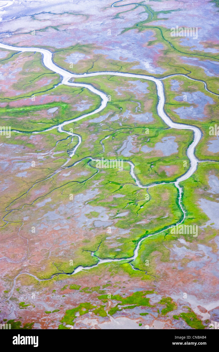 Aerial view of the Susitna river mudflats, Mat-Su Borough, Southcentral Alaska, Summer Stock Photo