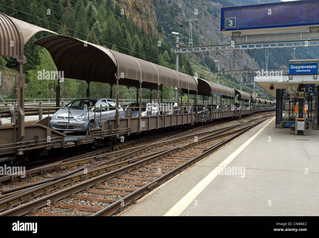 Car transport train in Goppenstein station in Canton of Valais in