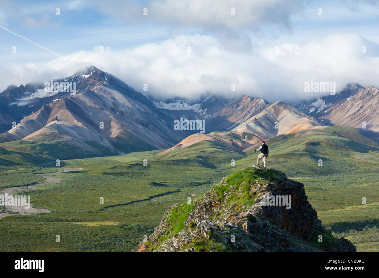 Senior man stands on a rock outcrop at Polychrome Pass with Alaska Range in the background, Denali National Park & Preserve Stock Photo