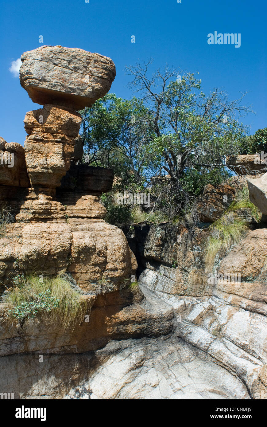 Sand Stone rocks balancing on each other on the Magaliesburg Mountain. Stock Photo