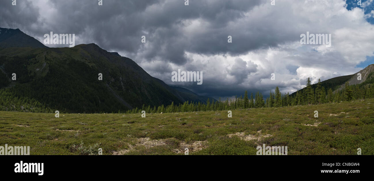 Valley of Ak Kem river in Altay (Russia) before storm Stock Photo