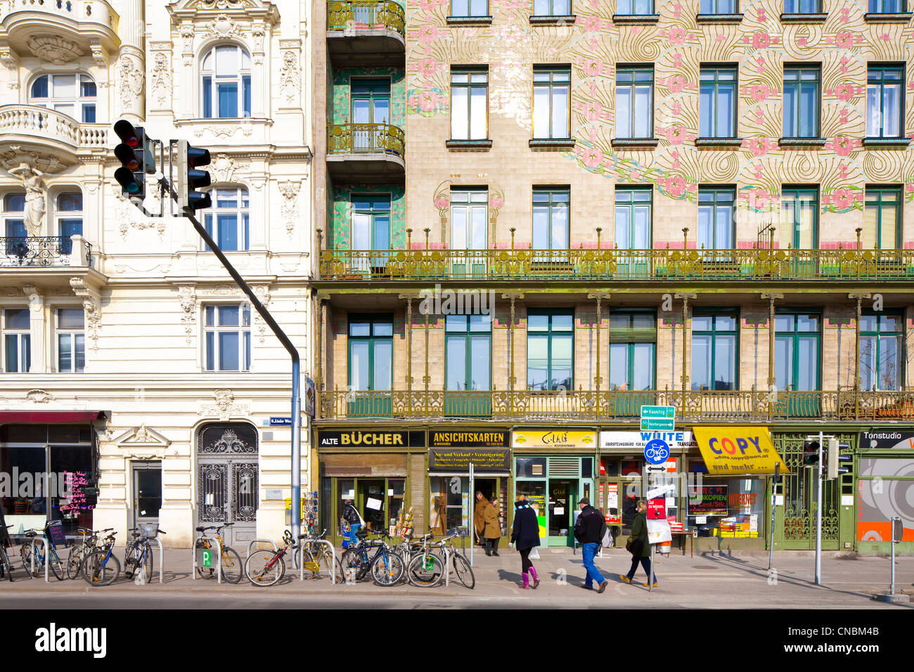 Austria, Vienna, Linke Wienzeile, Majolica House built in 1898 by Otto Wagner, decorated with tiles Stock Photo