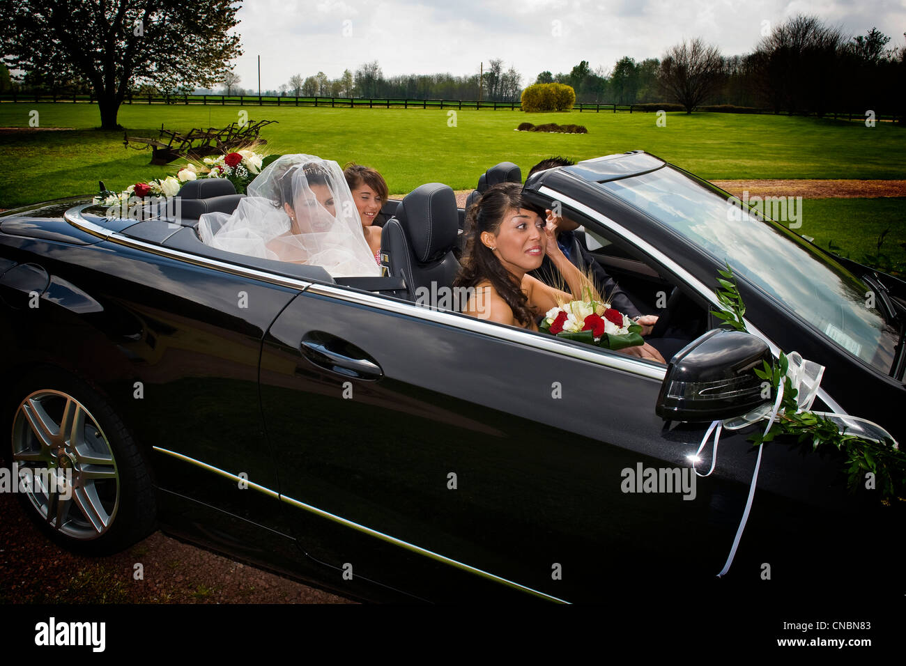Car of the spouses, American style wedding Stock Photo