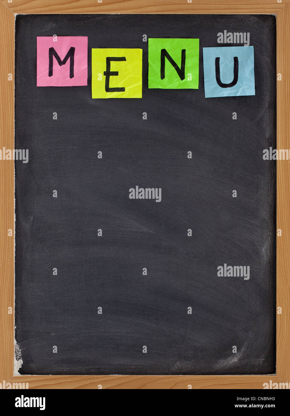 blank restaurant menu sticky note title on blackboard with white blank restaurant menu