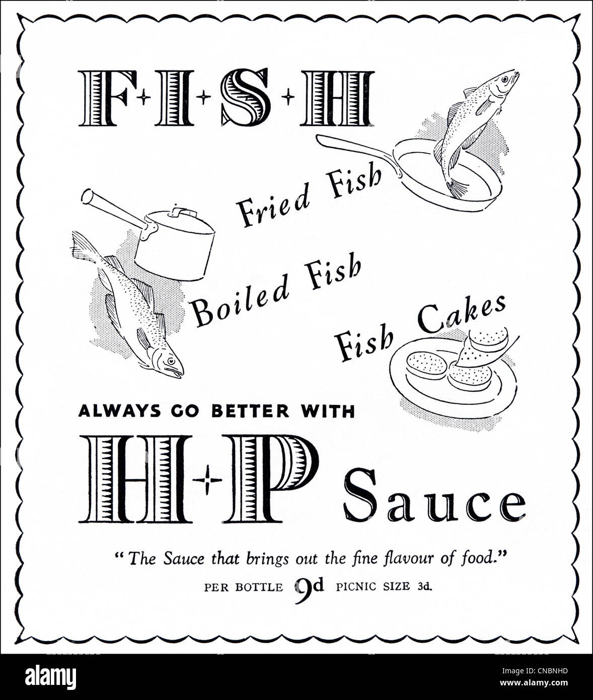 Original double page 1930s consumer magazine advertisement advertising HP SAUCE with fish Stock Photo