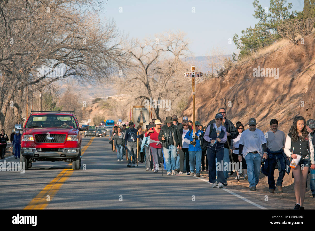 Pilgrims during the annual pilgrimage to the Sanctuary of Chimayo, New Mexico, held at Easter. Stock Photo