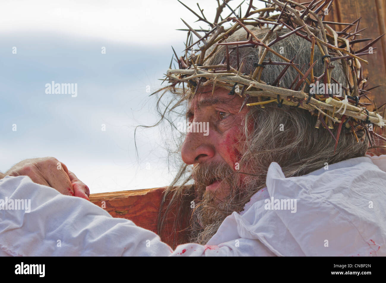 Re-enactement of the Passion of the Christ during Easter celebrations at the Chimayo Sanctuary, New Mexico. Stock Photo