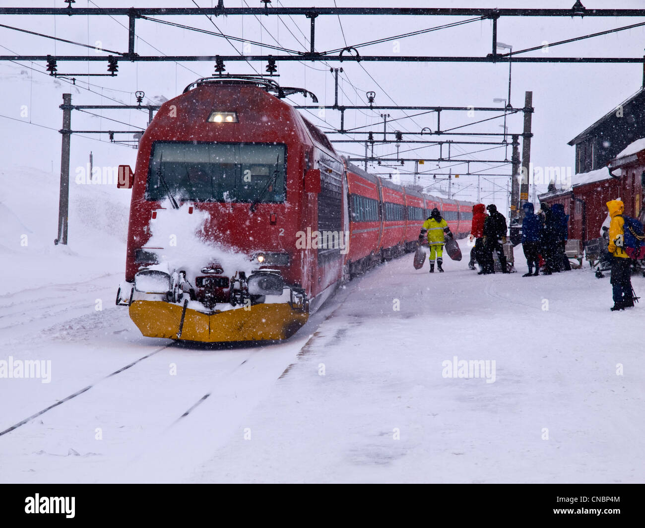 Finse railway station on the Hardanger plateau in Norway in winter, Oslo to Bergen railway Stock Photo