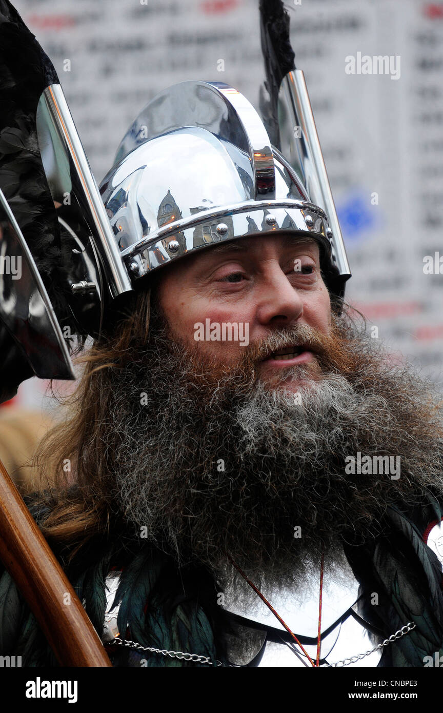 Men dressed in Viking costume take part in the annual Up Helly Aa festival in Lerwick, Shetland Island, Scotland. Stock Photo