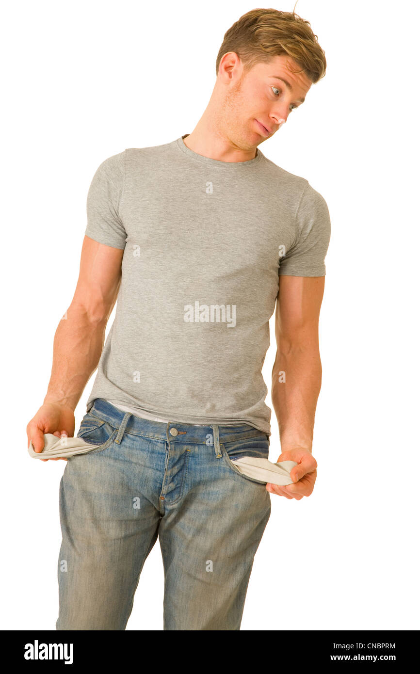 Young man with empty pockets Stock Photo Alamy