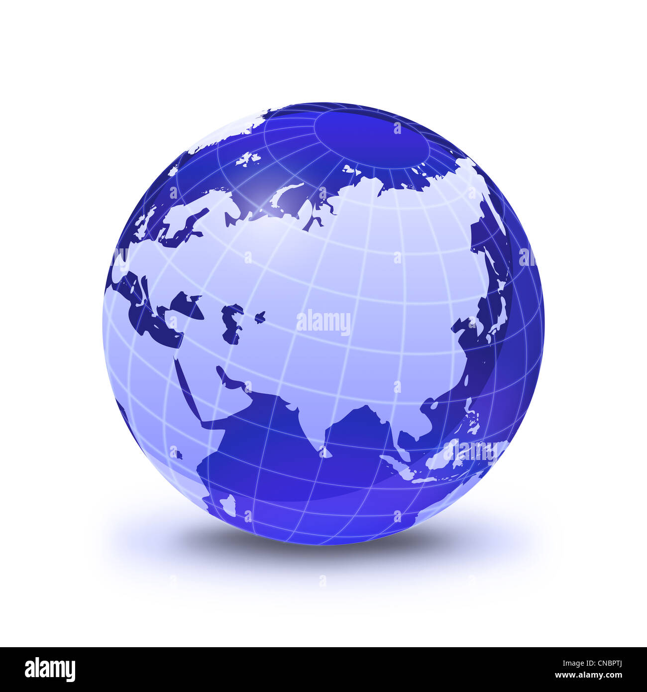 Earth globe stylized, in blue color, shiny and with white glowing grid. On white surface with shadow. Asia and East Europe view. Stock Photo