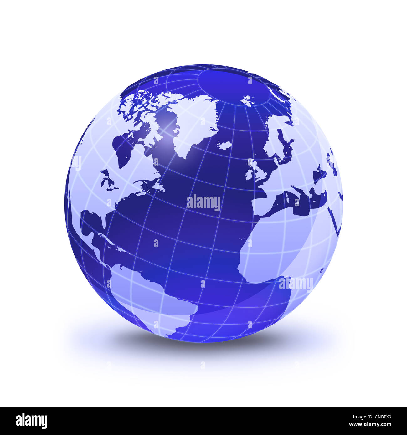 Earth globe stylized, in blue color shiny and with white glowing grid. On white surface with dropped shadow, Pacific Ocean view. Stock Photo