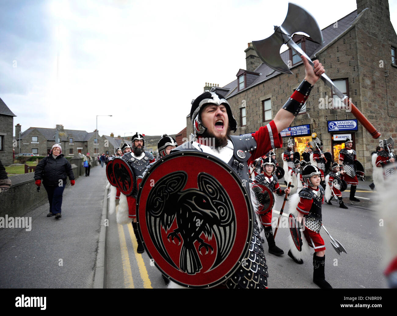 Men dressed in Viking costume take part in the annual Up Helly Aa festival in Lerwick, Shetland Island, Scotland. Stock Photo