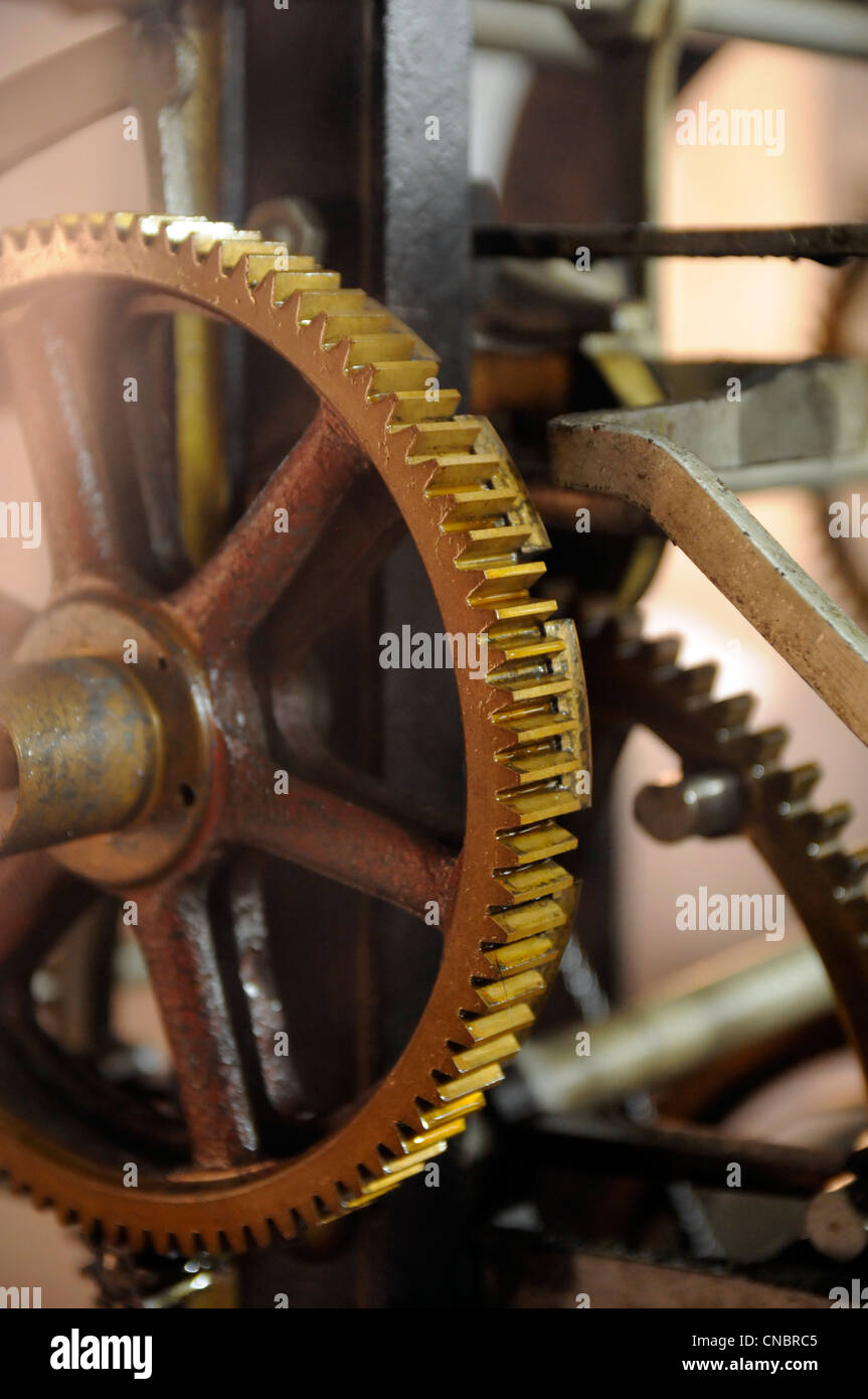 German clockwork machinery in the bell tower of the Lutheran Church, Qingdao, China Stock Photo
