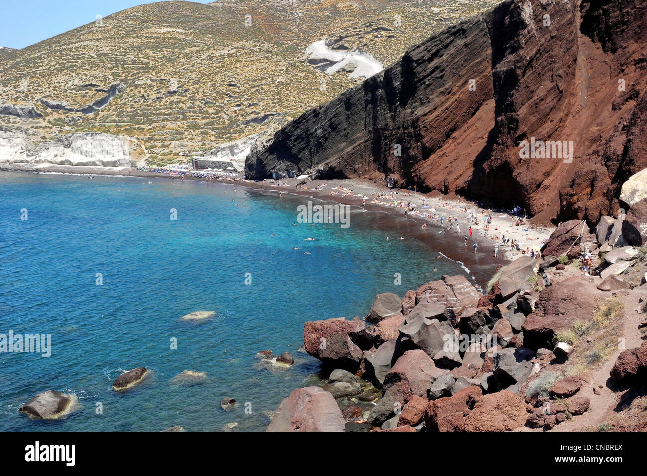 Europe Greece Cyclades Santorini Red Beach Stock Photo