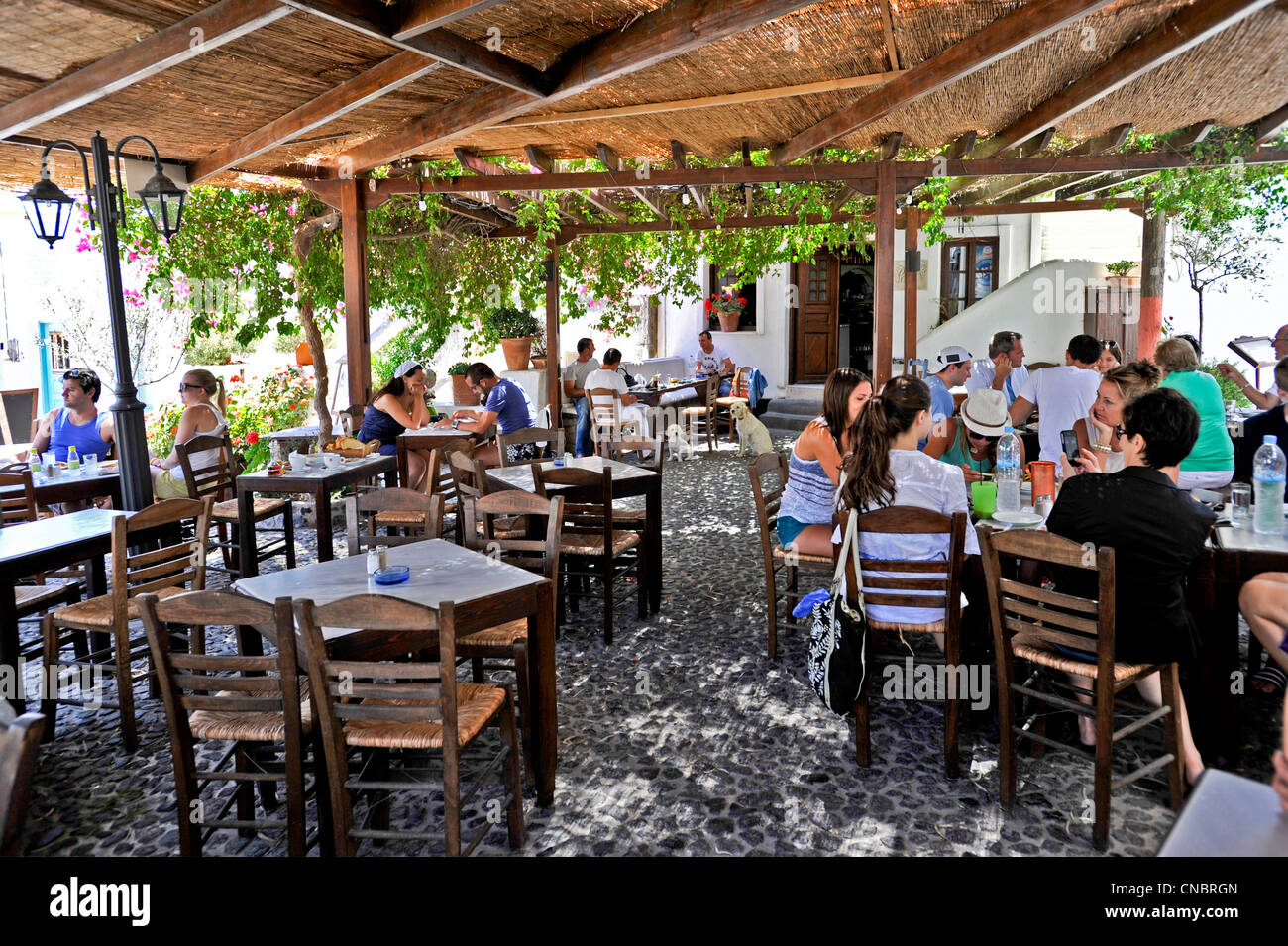 Europe Greece Cyclades Santorini Megalohori A typical Greek tavern Stock Photo
