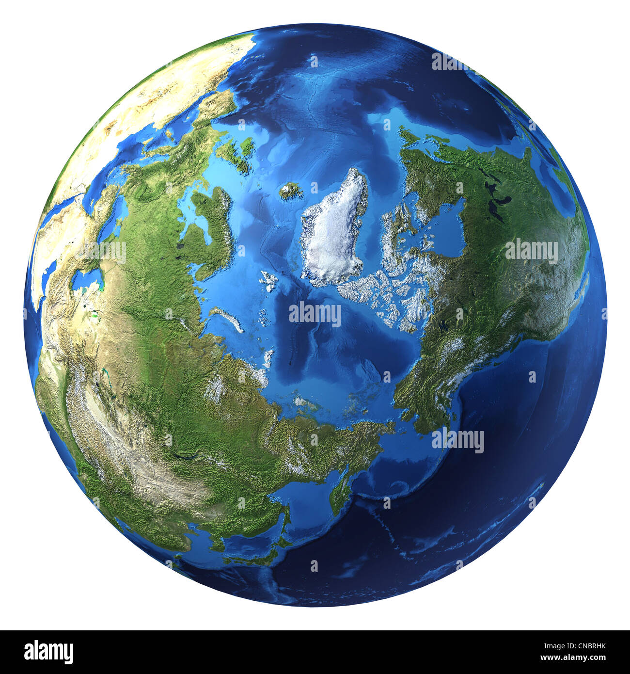 Earth globe, realistic 3 D rendering. Arctic view (North pole). On white background. Stock Photo