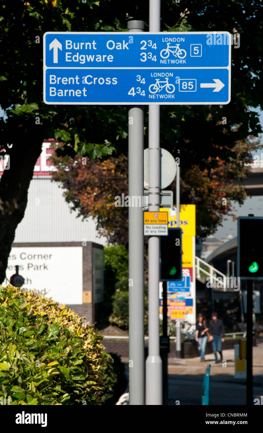 Directional road signs, Staples Corner, Edgware Road A5, London. Stock Photo