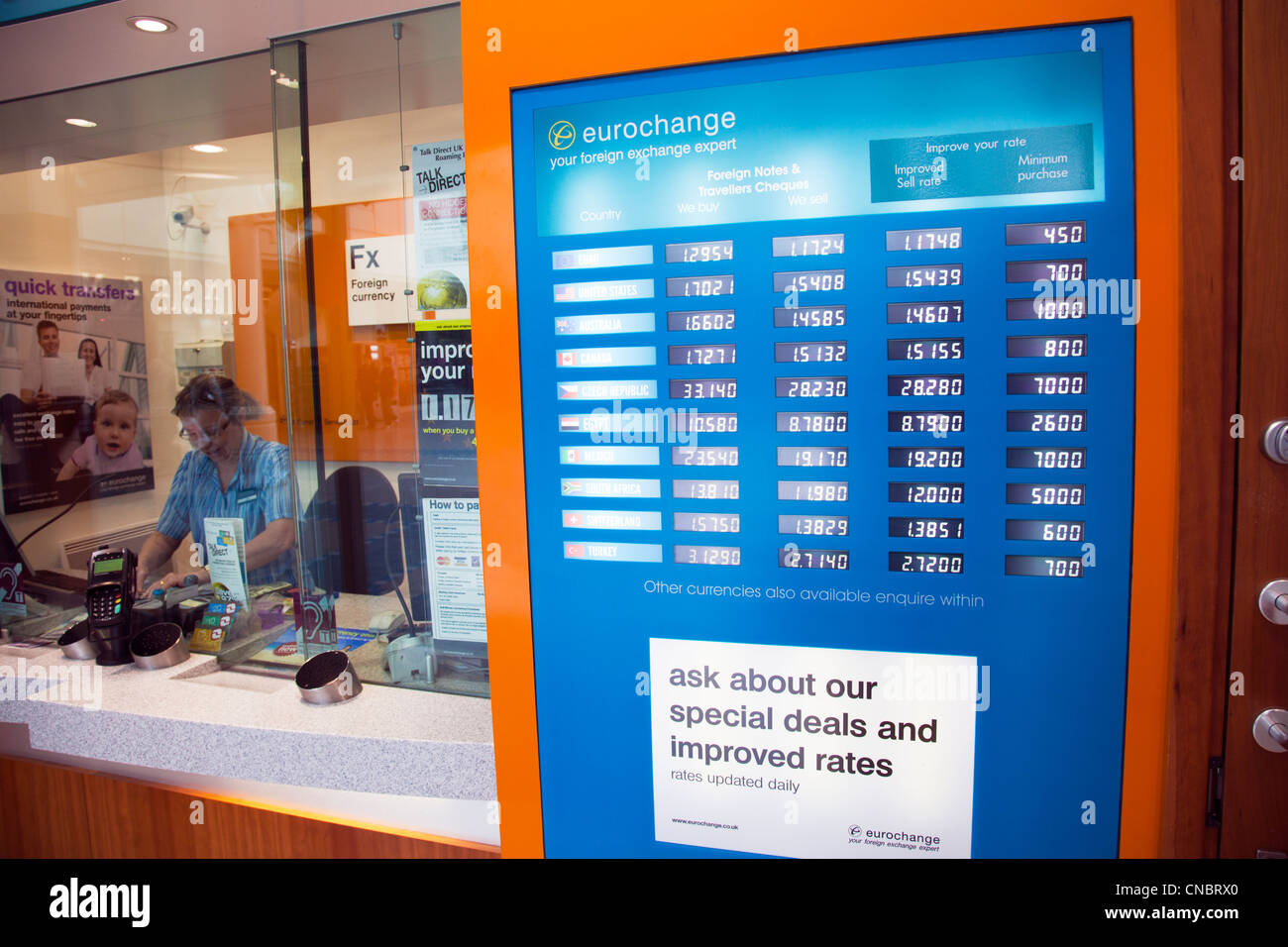 Eurochange money exchange shop in Victoria Centre Grimsby Town cashier counting out money currency to swap Stock Photo